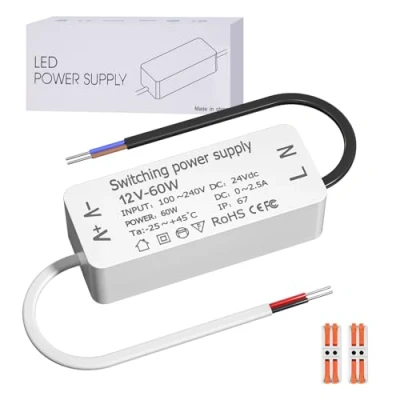 Image de Luxvista Transformateur DC 12V 60W LED AC 220V à 12V, Etanche IP67 5A Continu pour Extérieur, Projecteur GU4 G4 GU5.3 Bandes