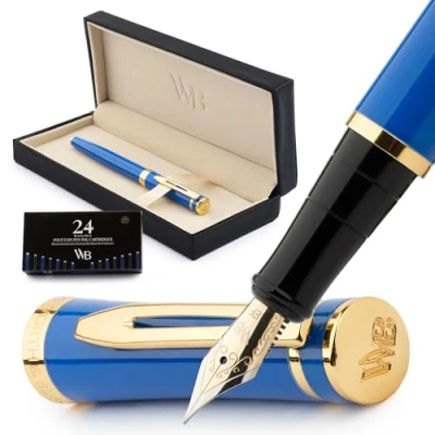 Image de Wordsworth &amp; Black Kit stylo plume, Pointe Extra Fine, comprend 24 cartouches d&#039;encre, convertisseur de recharge d&#039;encre et coffret cadeau, finition chrome, calligraphie, [Impérial Bleu]