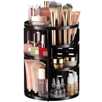 Image de Masirs Organiseur de maquillage rotatif à 360 Hauteur d&#039;étagère réglable et entièrement rotatif. L&#039;organisateur cosmétiques parfait pour la commode chambre ou le comptoir coiffeuse (noir)