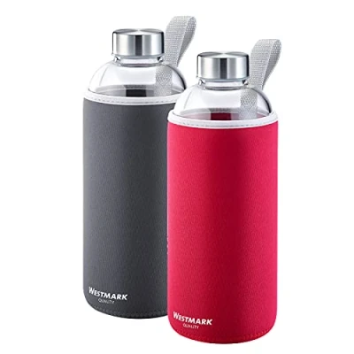 Image de Westmark Set de 2 Gourdes , en Verre avec impression, 1 Housse protection pour chaque, 1000 ml, Verre/Silicone/Caoutchouc, sans BPA, Viva, Rouge/anthracite/argenté/clair, 527422E8