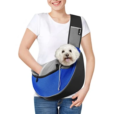 Image de Pawaboo Sac de Transport Réglable pour Animal Compagnie, à Bandoulière Mains Libres avec Poche Zippée Tactile, Dos en Maille Respirant Chiens Boucle D Voyage, L Bleu