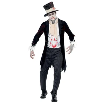 Image de Smiffys Costume de marié zombie jusqu&#039;à ce que la mort nous sépare, Noir, avec veste, gilet, écharpe, pantalon &amp; chapeau haut forme
