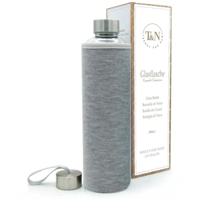 Image de T&amp;N Bouteille en verre de 1 litre Gourde 1l avec housse néoprène Anti fuite borosilicate plus épais Carafe Design fin