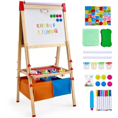 Image de VEVOR Chevalet d&#039;Art Enfants 3 en 1 Tableau Magnétique Blanc Noir Double Face, Planche à Dessin Bois Debout Réglable, Accessoires, Rangement, Support Rouleau Papier, pour Créativité, Garçons, Filles
