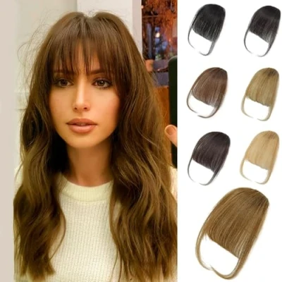 Image de Extensions de cheveux à clipser 100 % vrais humains avec frange ondulée pour femme porter au quotidien (brun foncé, française clipser)