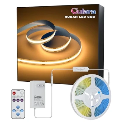 Image de OULARA Ruban LED COB 6M, Bande Blanc Chaud 2700K à Intensité Variable, Lumineuse DC24V Super Lumineuse, CRI 90+ avec Télécommande RF et Alimentation pour la Décoration de Maison DIY