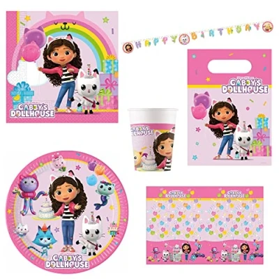 Image de Procos PRO10245290DY set de fête XL Gabby&#039;s Dollhouse, 46 pièces, assiettes, nappe, gobelets, serviettes, sacs, bannières, vaisselle, vaisselle pour enfants