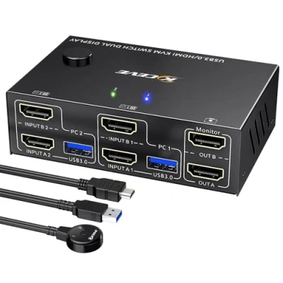 Image de HDMI KVM Switch 2 PC Monitor 4K@60Hz 2K@144Hz, Simulation EDID, Commutateur écrans Pour Partageant et 4 Ports USB 3.0,Souris Clavier, Télécommande filaire Câbles Inclus