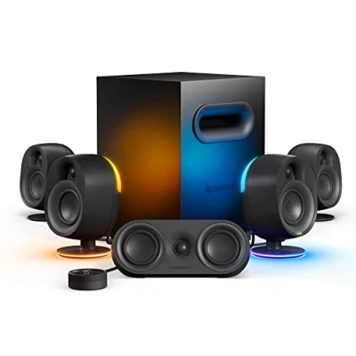 Image de SteelSeries Arena 9 Système d’enceintes gaming 5.1 Son surround via USB Haut parleurs arrière sans fil à 2 voies Caisson de basses RVB réactive USB, Bluetooth