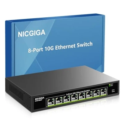 Image de NICGIGA 8 Port 10G Ethernet Switch Unmanaged,with 8X 10Gb Base T Ports, 10Gbps Network Easy for NAS,PC,WiFi7 Router,10G Adapter/NIC. Montage sur Bureau ou en Rack 19 Pouces, Plug and Play.