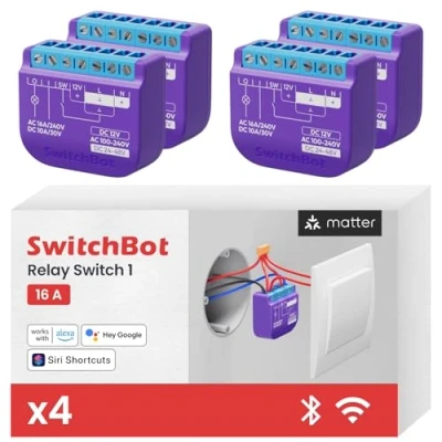 Image de SwitchBot relais Interrupteur 1, Module de avec Répéteur Bluetooth, Wi Fi&amp;Bluetooth Fonctionnant Alexa/Apple Homekit/Google Home, 2.4GHz 16A, 4Pack