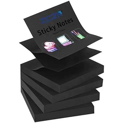 Image de ZCZN Z Notes, 4 Blocs Sticky Notes Noir, Autocollants 76 x mm, 100 Feuilles par Bloc Feuillets de 400