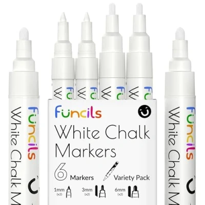 Image de Funcils Lot de 6 marqueurs à craie blanche pour tableau noir, fenêtre, étiquettes, bistro, verre, voitures Assortiment (2 x 1 mm, pointe fine 3 mm et épaisse