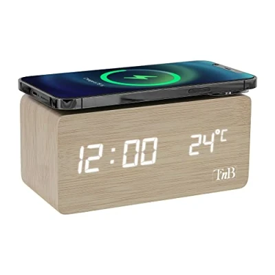 Image de T’NB Idee Cadeau Noel, Réveil Numérique en Bois, Chargeur sans Fil pour Smartphone Compatible avec Charge Induction, Horloge Digitale, Eclairage Ajustable, 3 Alarmes Programmables Finition Bois
