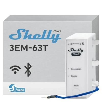 Image de Shelly 3EM 63T Gen3 Compteur électrique monophasé/triphasé, Wi Fi &amp; Bluetooth, sur Rail Din, Données historiques, Mesure énergie photovoltaïque, Commande à distance par app