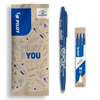 Image de PILOT Lot de 1 Frixion Ball + set 3 recharges Stylo effaçable à encre thermosensible roller rechargeable fabriqué partir plastique recyclé Bleu Pointe moyenne