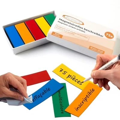 Image de ECENCE Lot de 75 étiquettes magnétiques réutilisables effaçables à Sec pour Tableau Blanc, réfrigérateur, casier, Salle Classe, 6 x 2 cm, Multicolore