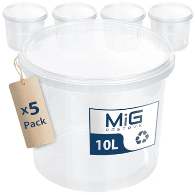 Image de MIG Seau transparent avec couvercle 5 x 10 l En plastique hermétique et adapté à un usage alimentaire Petits seaux empilables pour la maison l&#039;industrie Idéal