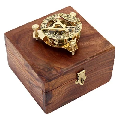 Image de Zap Impex Cadran solaire en laiton, boussole nostalgique laiton dans une boîte bois, de 7,6 cm avec bois rose (12,7 cm)