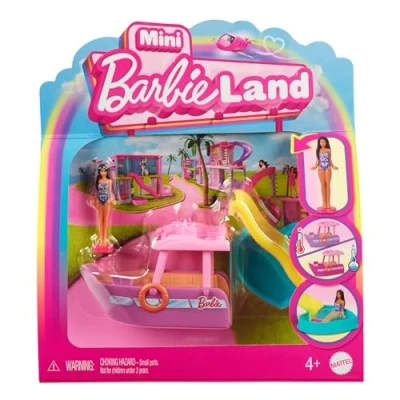 Image de Barbie Coffret Bateau de rêve Mini BarbieLand Comprenant Une poupée 3,8 cm, Un Qui Change Couleur, Piscine et Toboggan Amovible, HYF41