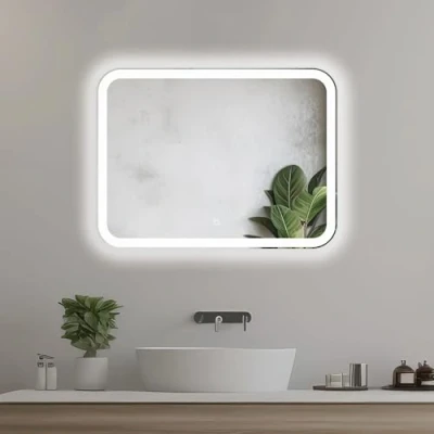 Image de Home Glow Venti Miroir de Salle Bain rectangulaire 80x60cm avec éclairage LED et Interrupteur Tactile, Coins arrondis, Blanc Naturel sur l’Avant du Miroir.