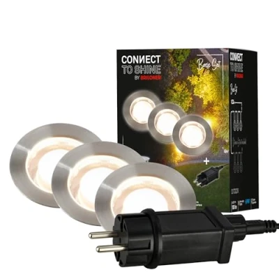 Image de BRILONER éclairage de jardin Connect to Shine 12V, lot 3 spots LED encastrables au sol, kit base avec transformateur, IP67, lumière blanc chaud, 45x 25 mm, argent