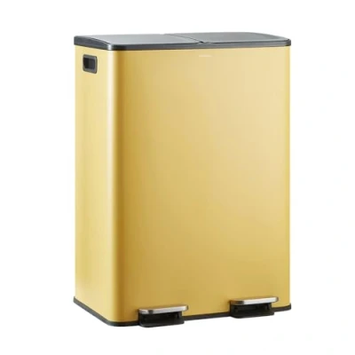 Image de CASABEL Poubelle Tri Selectif 60L 2x30L avec Pédale, Acier INOX OCHRE antitraces, Double Compartiments, Cuisine,avec Bacs Amovibles, Poignées, Couvercles Silencieux