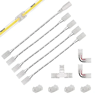 Image de PAUTIX 12 Pack 8mm 2 Pin Connecteur LED Kit pour Ruban COB, Comprend 4 Connecteurs milieu,2 en Forme de L,1en T, 15cm Rallonge à Double Extrémité et 1 Femelle DC