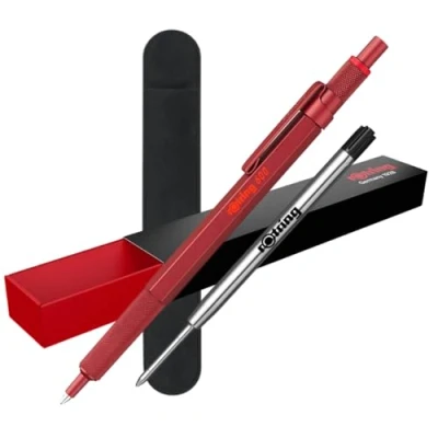 Image de rOtring Stylo à bille 600 Pointe moyenne Encre noire Corps rouge Rechargeable + étui en velours recharge d&#039;encre supplémentaire