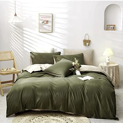 Image de Damier Parure de lit verte 155 x 220 cm vert olive beige uni 2 pièces en microfibre super douce avec fermeture éclair dissimulée et taie d&#039;oreiller 80