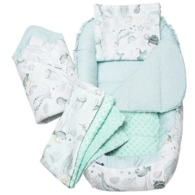 Image de Medi Partners 5 éléments Cocon de Bébé 100x60x15cm 100% Coton Baby Nest Reducteur lit Bébés Oreiller Couverture Insert Amovible (Océan à la Menthe Minky)