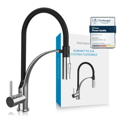 Image de Bächlein Robinet de cuisine pivotant à 360 (acier inoxydable brossé) avec douchette extractible et interrupteur Mitigeur d&#039;évier col flexible support magnétique
