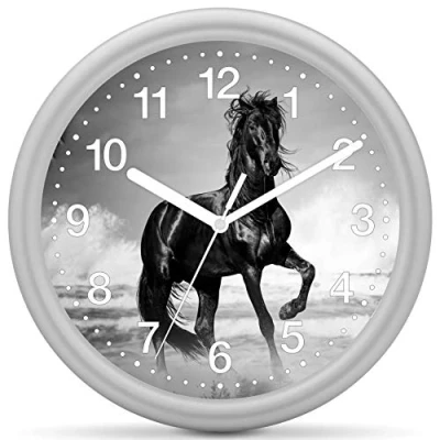 Image de Eurotime 82208 07 horloge murale à quartz 25 cm, boîtier en plastique argenté, verre plastique, cadran clair 12 chiffres avec motif cheval, mouvement silencieux, sans tic tac, pour