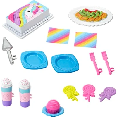 Image de Barbie Ensemble d&#039;accessoires de fête licorne avec 15 pièces jouets narration, y compris gâteau, nourriture et plus encore, thème arc en ciel