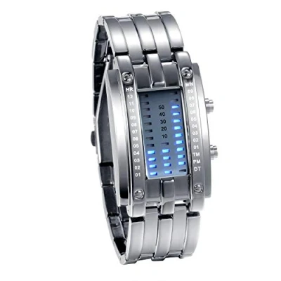Image de JewelryWe Montre Binaire À la Mode Cool LED Affichage de lumière boîtier rectangulaire Bracelet en Alliage Double Ligne l&#039;heure Date (Femme, Argent)