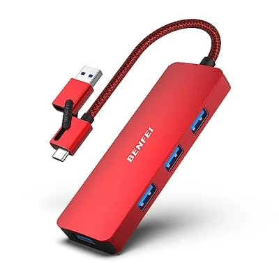 Image de BENFEI USB Connexion Alliage d&#039;aluminium 4 Thunderbolt Compatible avec iPhone 15 MacBook iPad Rouge Hub 3.0, Support 2 en 1 Type A/Type C, Cadre,