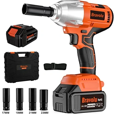 Image de Bravolu Clé à Chocs Sans Fil, 21V Brushless 700N.m Max Boulonneuse a Choc avec 4,0Ah Batterie, Visseuse Fréquence d&#039;impact 3600IPM, 4 Douilles