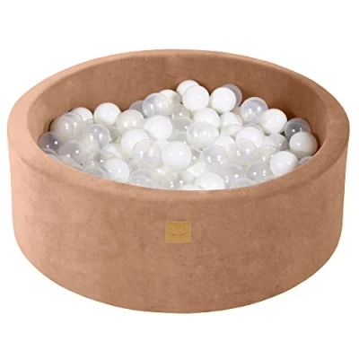 Image de MEOWBABY Piscine à Balles pour Bébé Rond 90x30cm Fosses a Boules Enfants avec 200 Balle, Velvet, Beige: Blanc/Transparent