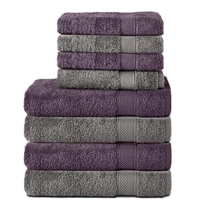 Image de Komfortec Lot de 8 Serviettes 100% Coton 470 g/m², 4 Serviette Bain 70x140 cm et Essuie Mains 50x100 cm, éponge Douce, Grande Taille, Gris Anthracite/Violett