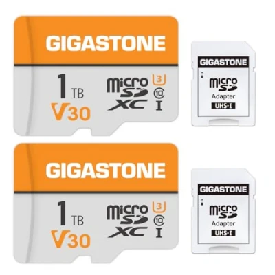 Image de GIGASTONE Carte Mémoire 1 to Lot de 2, 4K Video Pro Série, Vitesse jusqu&#039;à 140/100 Mo/s, pour GoPro, DJI, Drone, Insta360, Caméra Surveillance, Vidéo V30 U3 C10 MicroSDXC avec Adaptateur SD