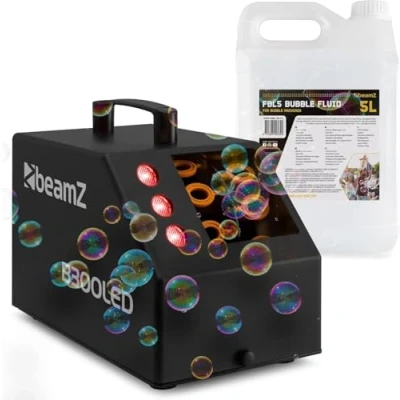 Image de BeamZ B300LED Pack Machine à Bulles Enfant/Mariage/Soirée avec 5L de Liquide LEDs RGB, Double Roue, Poignée, Télécommande, Réservoir 700mL, Idéale pour les Fêtes en Extérieur