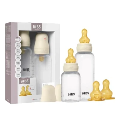 Image de Kit de départ Grow &amp; Flow avec biberon BIBS et tétine en caoutchouc naturel fonction anti colique, sans bisphénol A, ronde, débit lent/moyen/rapide, convient aux nouveau nés Ivory