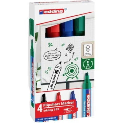 Image de edding 383 marqueur pour chevalets étui de 4 noir, rouge, bleu, vert pointe biseautée 1 5 mm écrire, dessiner et marquer sur du papier tableau conférence ne déborde pas