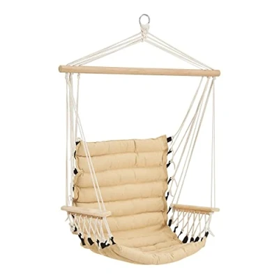Image de [en.casa] Fauteuil Suspendu Solide Chaise de Hamac pour Intérieur Extérieur Siège avec Accoudoirs Jusqu&#039;à 100 kg Polyester Coton Bois Massif 50 x 55 45 cm Beige