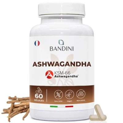 Image de Bandini® Ashwagandha KSM 66® Vegan Stress, Sommeil, Énergie, Bien Être Qualité 66 Pure Supplément naturel de Poudre Withania Somnifera (Ginseng indien) Antioxydant 60 Gélules