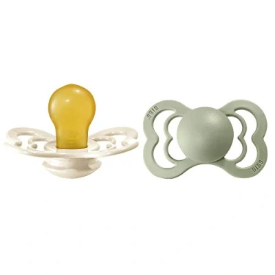 Image de tétine BIBS Supreme, lot de 2, caoutchouc naturel, danoise forme symétrique. Sans BPA. (Ivory/Sage, taille 2 (à partir 6 mois))