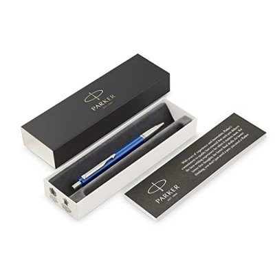 Image de Parker 2025419 Vector stylo roller, noir avec attributs chromés, pointe moyenne, encre bleue, emballage blister