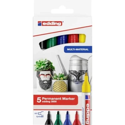 Image de edding 3000 Marqueur permanent rouge, bleu, vert, jaune, noir étui de 5 pointe ronde 1,5 3 mm sèche vite résiste à l&#039;eau et l&#039;essuyage pour carton, plastique, bois, métal