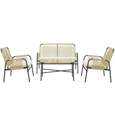 Image de Outsunny Ensemble Salon de Jardin 4 pièces mobilier canapé 2 Places + fauteuils 1 Table Basse avec Coussins Acier et résine tressée Aspect rotin Beige Noir
