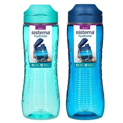 Image de Gourdes de sport Sistema Active 800 ml étanches pour enfant Plastique Tritan résistant aux chocs Sans BPA bleu océan &amp; vert 2 unités